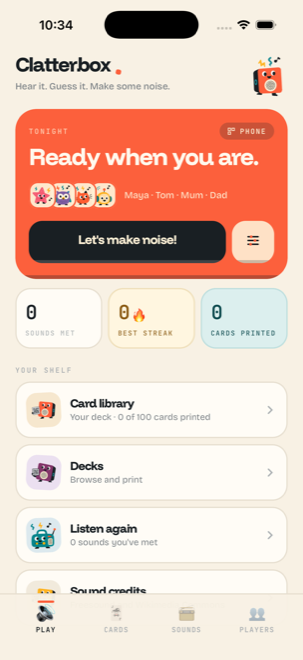 Clatterbox home screen, ready to play with a four-person household picked