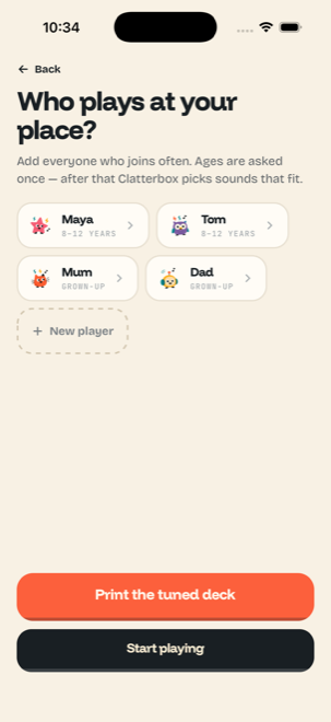 Setting up who plays: four household members added, each with their own buddy avatar